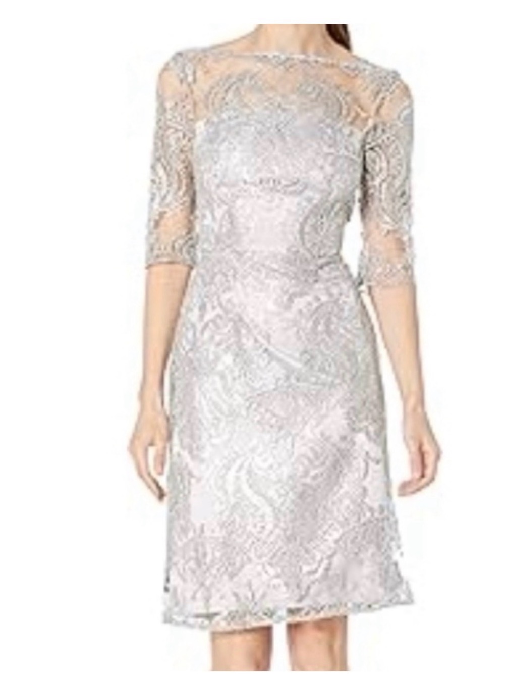 Tahari Silver Sequin Lace Midi Dress With Illusion Neckline